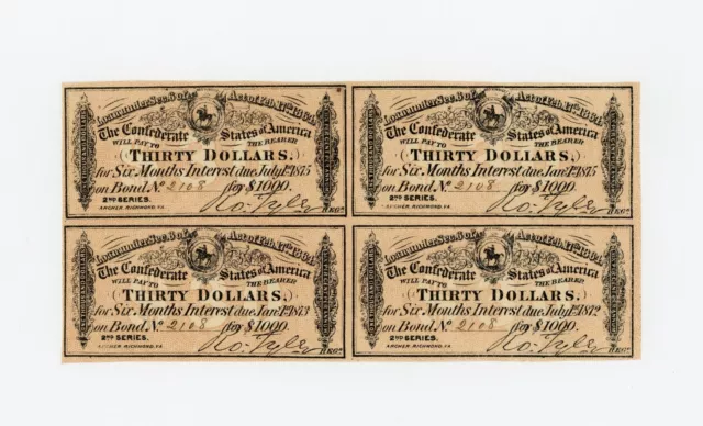 (Uncut Block of 4) CONFEDERATE Bond Coupons - CIVIL WAR Era