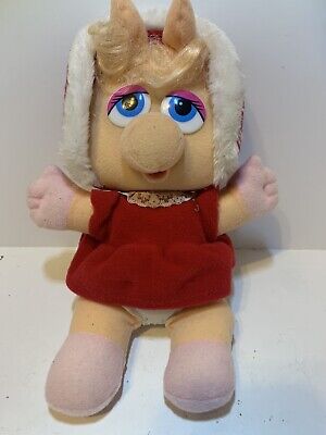 Vintage Muppets 1987 Baby Miss Piggy 7" Plush Stuffed Pig Red Dress Christmas