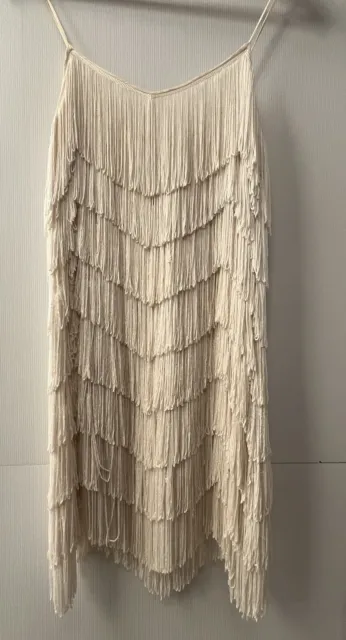 Prue Acton Dress Vintage 70s  Ivory Charleston Fringed Dress Size S