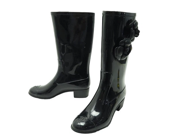 Chaussures Chanel Bottes De Pluie Camelia Caoutchouc Noir 37 Boots Shoes 1300€