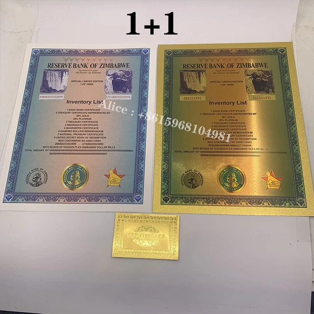 2PC Zimbabwe Googolplex Containers Dollar Certificate Paper/Gold Banknote Gift