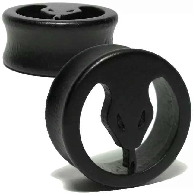 Pair Black Carved Wood Serpent Flesh Ear Tunnels - Organic Gauges Plugs Earrings