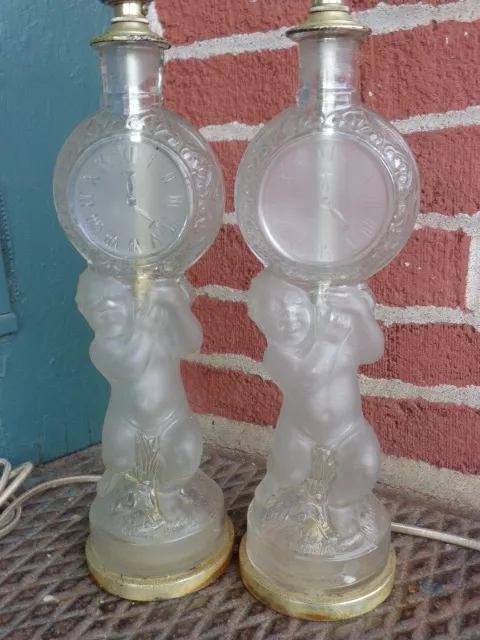 Vintage Unusual Glass Cherub Boy W/ Clock Figural Glass Bottle Lamp Set