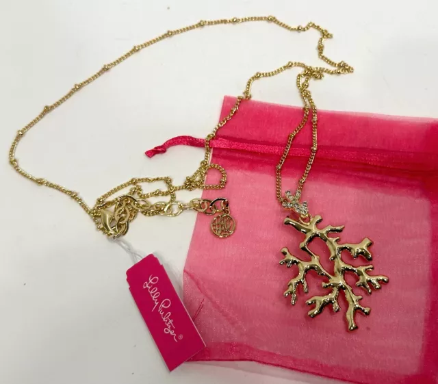 Nwt New Lilly Pulitzer Gold Metallic Long Coral Reef Necklace Pave Crystals $58