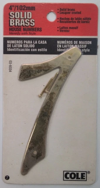 Número de casa en clavos de latón liso de 4" -# 7 102 mm Cole 03-6034 vintage nuevo de lote antiguo sellado