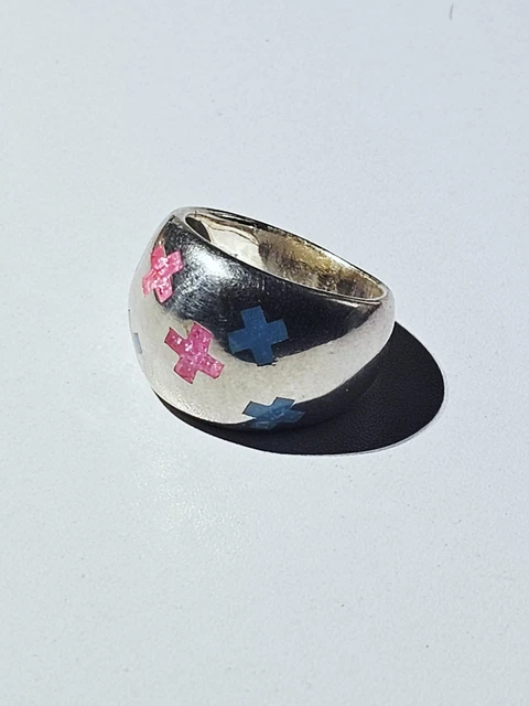 Bague Vintage Ajustable Filigrané Argenté Avec Fleur Bleue émail - Neuve Sans Emballage