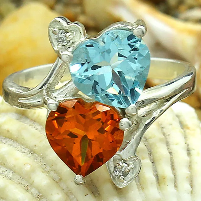 Treated Aquamarine and Padparadscha Sapphire 925 Silver Ring s.6.5 Jewelry