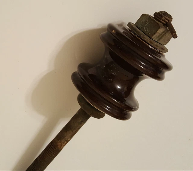 Vintage Electrical Power Line Brown Ceramic Insulator w/ Threaded Rod Steampunk