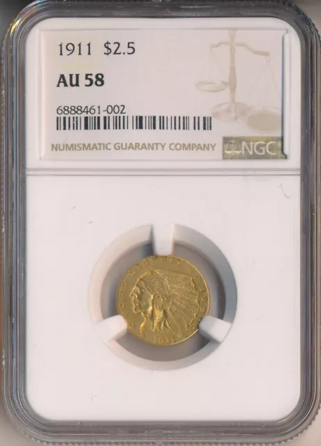 1911 $2.50 Indian Head Quarter Eagle Gold Coin **Ngc Certified Au 58**