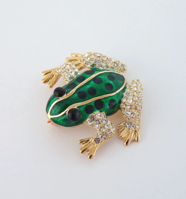 CUTE Sterling Silver Gold Tone FROG Green ENAMEL White RHINESTONES Pin Brooch