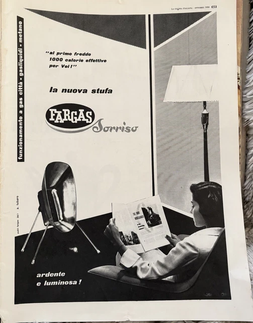 Fargas Stufa Sorriso pubblicità Rivista La Cucina Italiana Ottobre 1956 A Tubaro