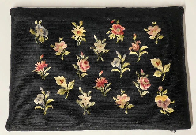 Vtg NEEDLEPOINT Floral Stool Top 12.5x18” Black MULTICOLOR Flowers