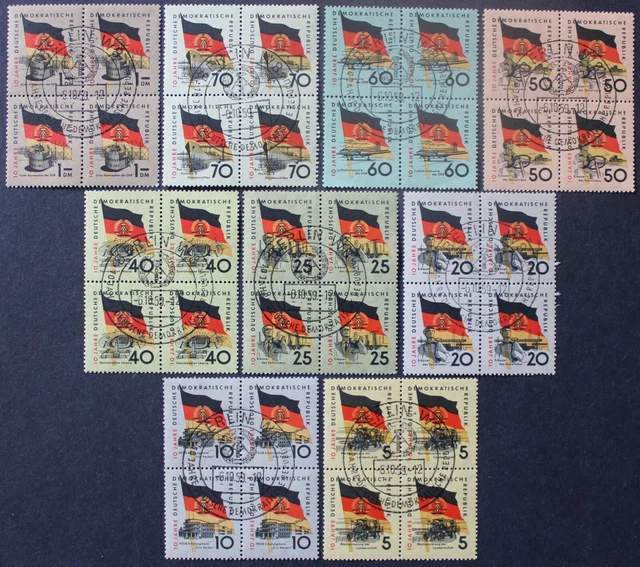 DDR: Mi.-Nr. 722-723/ 725-731 "10 Jahre DDR" 1959, 9x Viererblock, gestempelt