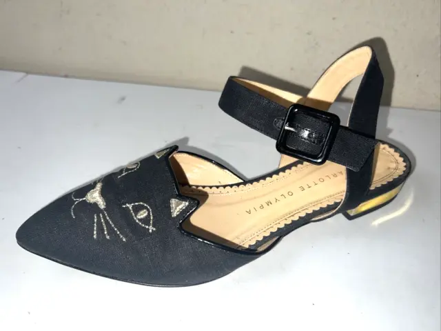 Charlotte Olympia  BLACK Linen ANKLE STRAP Kitty Flats 36.5 Shoes