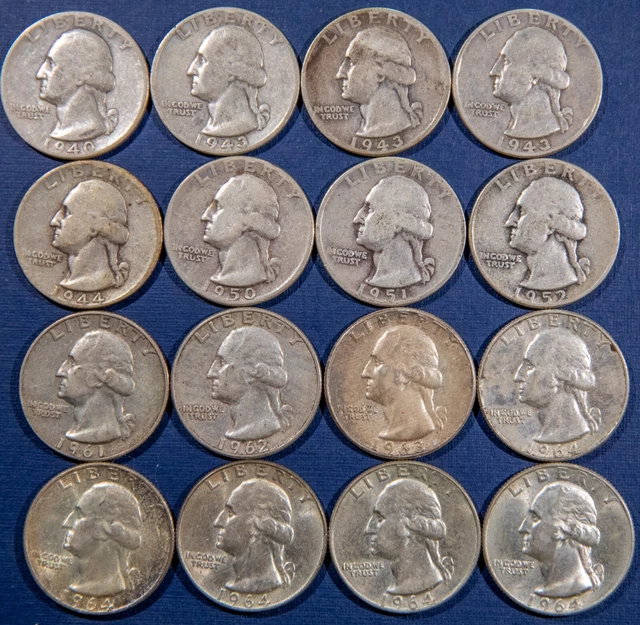 Washington Quarters - Lot of 16 circulated (90% silver)