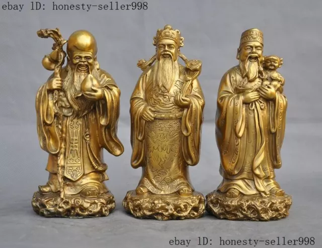 8"Chinese pure Brass 3 Longevity God Fu Lu Shou Mammon immortal God Statue Set