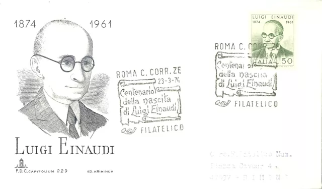 ITALIA BUSTA Capitolium 1974 LUIGI EINAUDI  ANNULLO SPECIALE ROMA ANNULLO RETRO