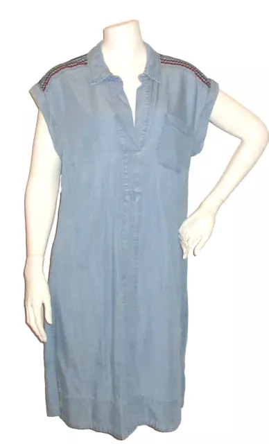 Neiman Marcus Dress 10 M Shift Chambray Denim Embroidered Shoulders Cap Sleeves