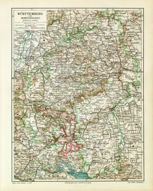 Württemberg & Hohenzollern historische Landkarte Lithographie ca. 1908 antik