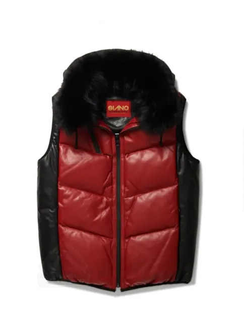 Men's Red & Black Real Sheepskin Leather Bubble Vest Real Fox Fur Collar Vest