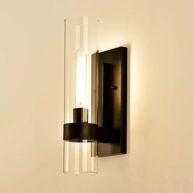 1-Light Vanity Wall Light Bathroom Black Arm Sconce with Cylinder Clear Glass