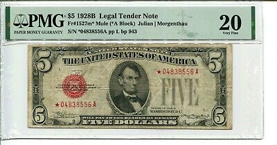 Fr 1527 Mule Star 1928B $5 Legal Tender Note Pmg 20 Very Fine