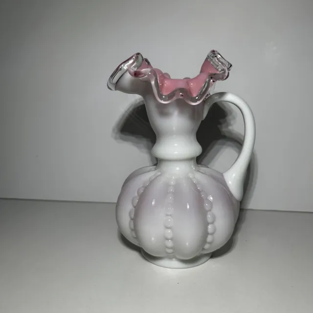 Vintage Fenton Cranberry Pink White Cased Beaded Melon Vase With Handle