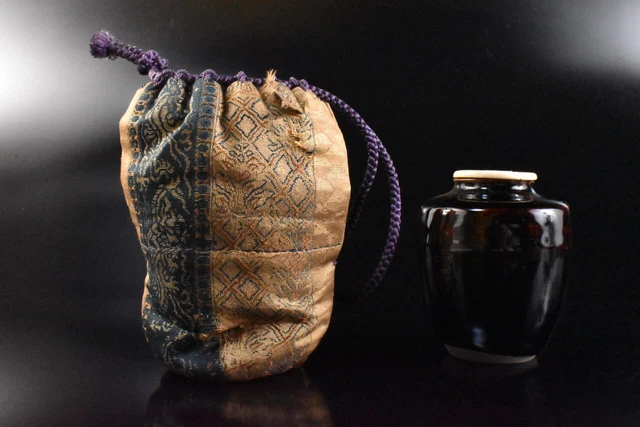M2940: Japan Old Seto-ware Brown glaze TEA CADDY w/High class lid, Shifuku, auto