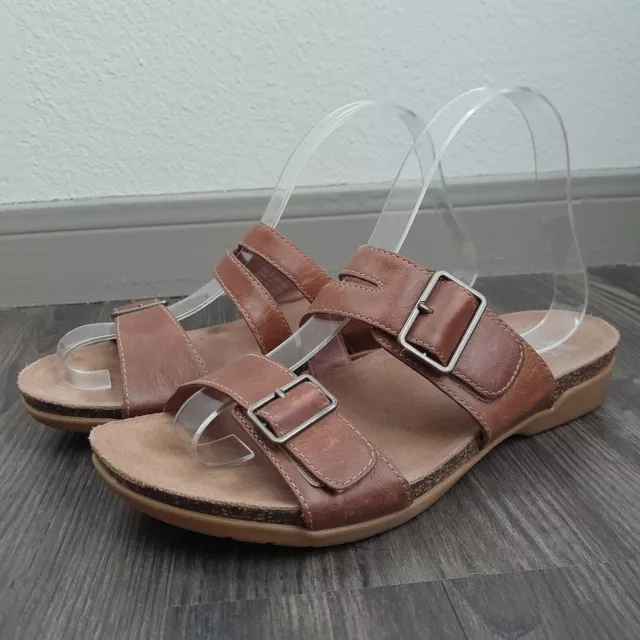 Dansko Rosie Leather Cork Slip On Sandals Brown Faux Buckle Size 38/ US 7.5-8