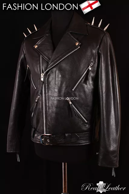 'GHOST RIDER' Mens Black Motorcycle Cruiser Spiked Real Hide Leather Jacket