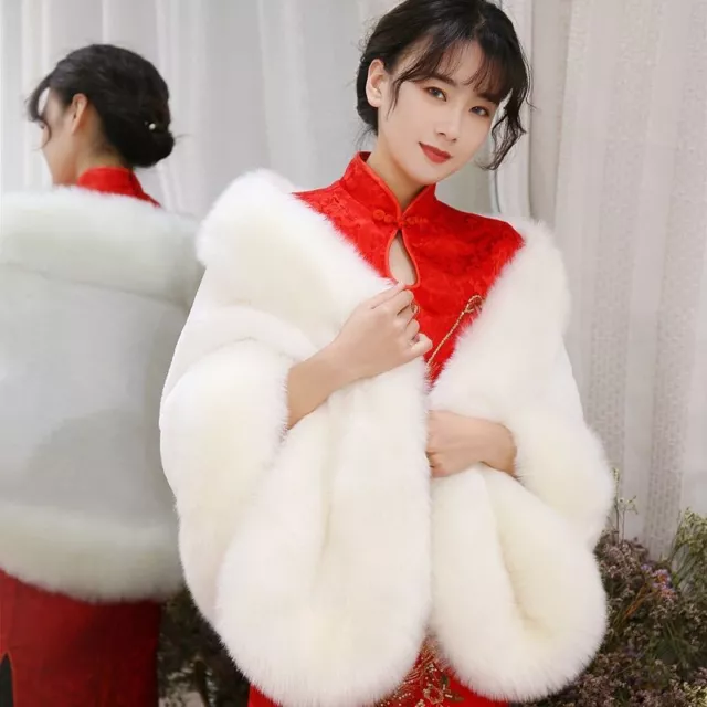 Womens Winter Fluffy Faux Fur Wedding Party Shawl Cloak Warm Cape Outwear Coat