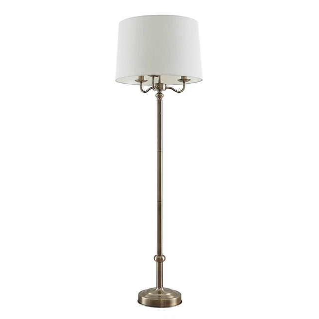 Lámpara de pie Lindby Christer tela de hierro blanco crema latón antiguo triple hoja E14 40W