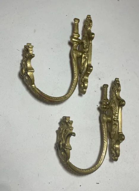 antique ornate Victorian gold gilded bronze curtain rod holder tiebacks brackets 6