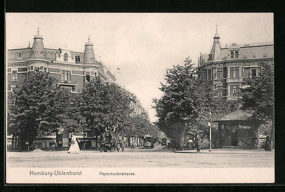 AK Hamburg-Uhlenhorst, Papenhuderstrasse mit Strassenbahnen und Kutsche