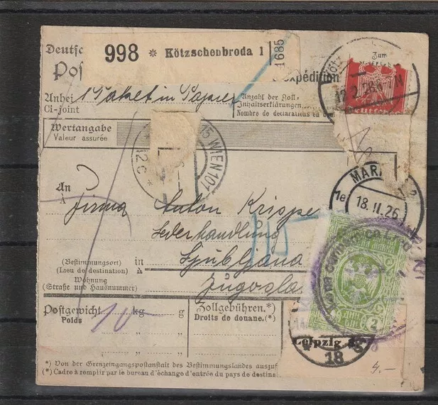 Dt. Reich Paketkarte Kötzschenbroda nach Ljubljana/Jugoslawien, 1926 #1098707