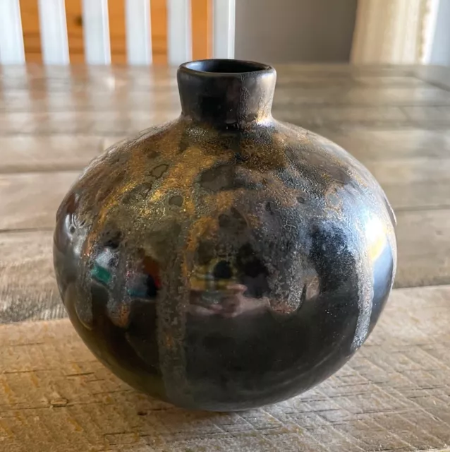 Vintage Stoneware Round Bud Vase Pottery Black & Copper 4.25” X 4.25”