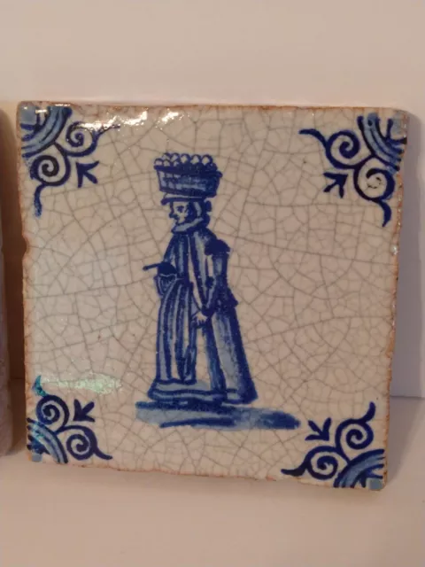 2 ANTIQUE DELFT BLUE WHITE 17th CENTURY DUTCH HOLLAND TILE FIGURAL TILES 1650s ! 2