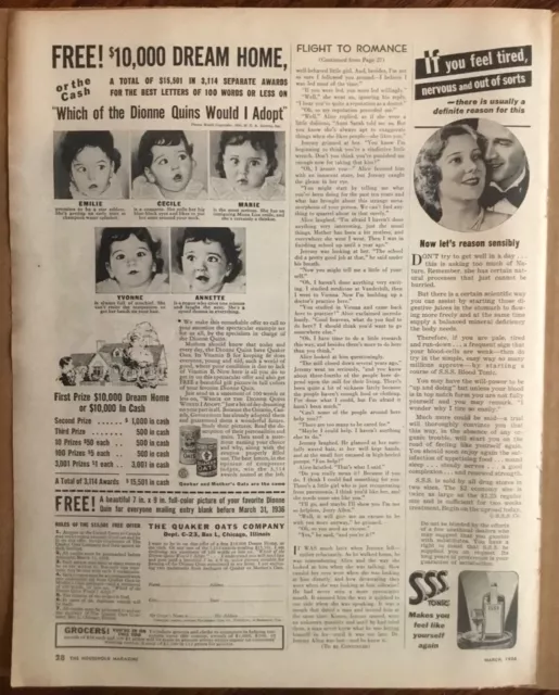 Quaker Oats Dionne Quintuplets print ad 1936 vintage retro 1930s art sweepstakes