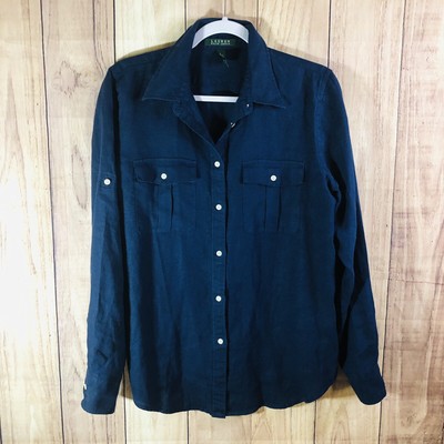 Lauren Ralph Lauren Womens Large Navy Blue 100% Linen Collared Button Shirt Top