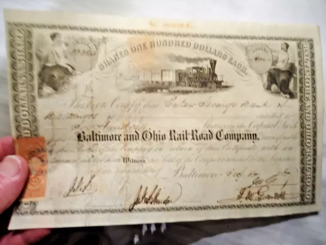 1867 Eutaw Savings Bank, Baltimore 600 Share B&O RR Stock Certificate w 2 Stamps