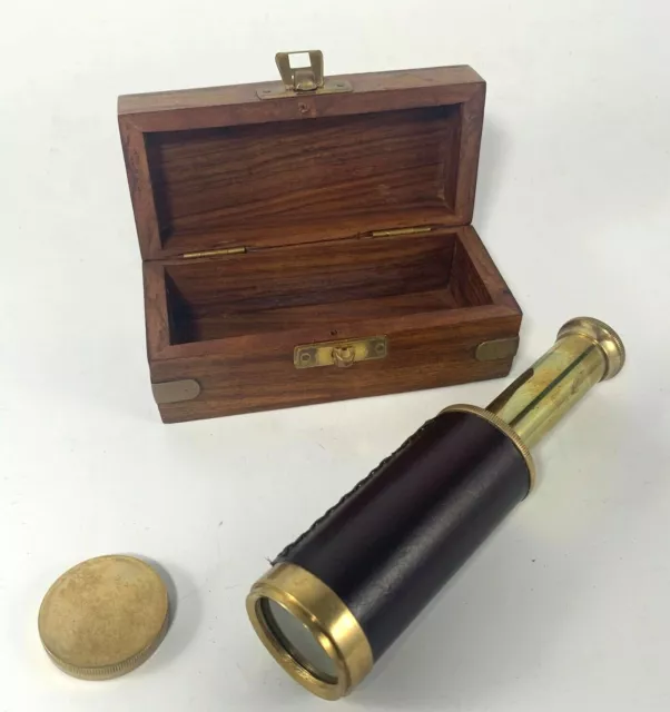 Vintage Telescope Brass and Leather 6" In Wood Box Spyglass Pirate Decor