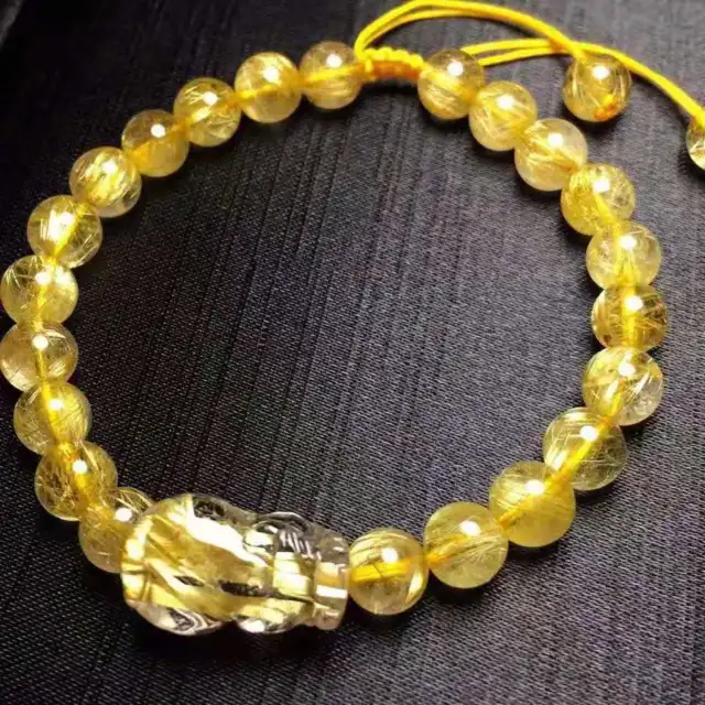 Natural Gold Rutilated Quartz Crystal Round Beads Pi Xiu Bracelet 7mm AAAAAA