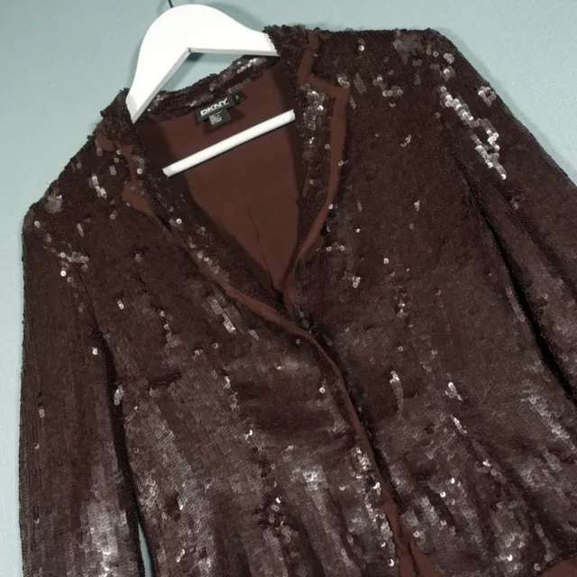 Donna Karan New York DKNY Blazer Jacket Womens 2 Brown Silk Sequin Long Sleeve