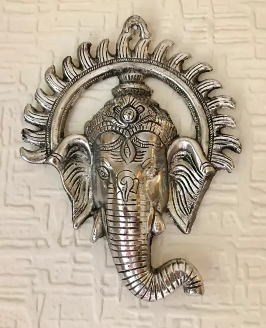 Ganesh Face Ganesha LARGE  Wall Hanging 9'' Silver Elephant God Hinduism