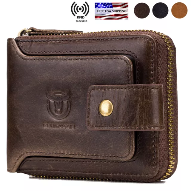 Mens Womens Genuine Leather Wallet RFID Blocking Zipper Bifold Credit Card Purse