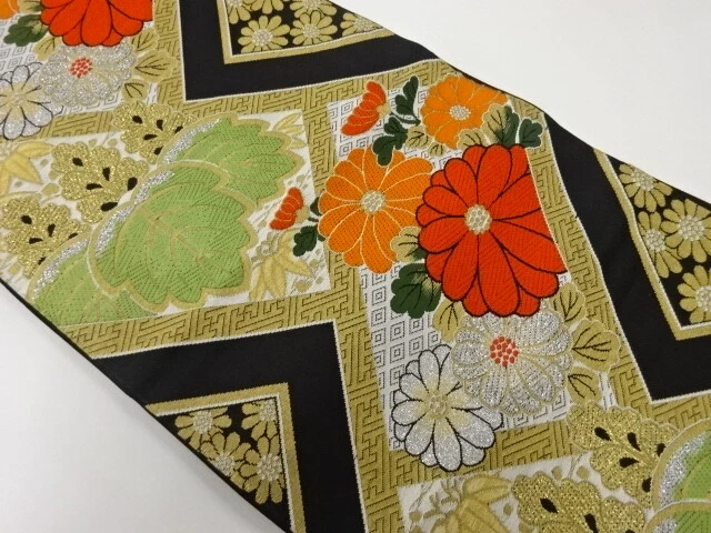 6874861: Japanese Kimono / Antique Fukuro Obi / Woven Kiku & Paulownia