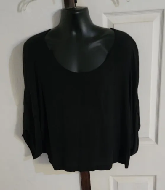 Eileen Fisher Top Women Size Large Black 100% Silk 3/4 Sleeve Blouse EUC
