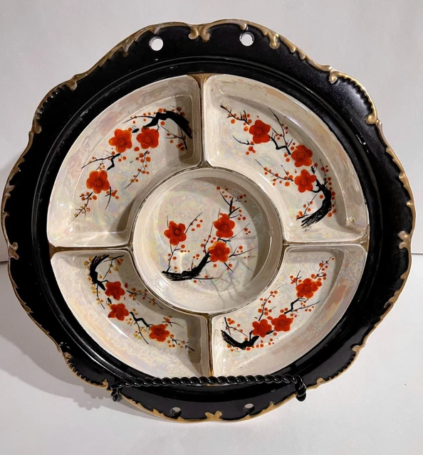 VTG Japan Moriyama Mori-Machi Porcelain Hand Painted Divided Dish Luster Black