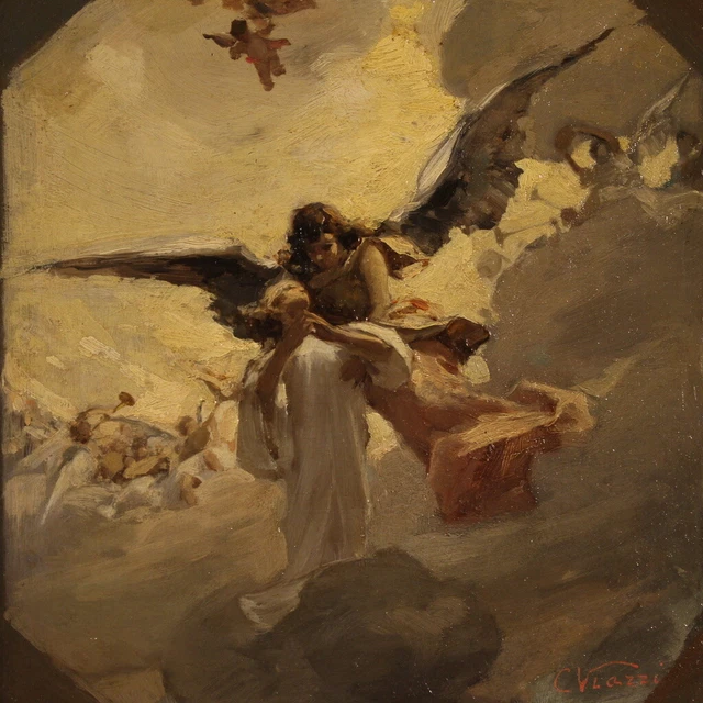 Pintura firmada Viazzi cuadro italiano oleo a bordo angel 900 siglo XX