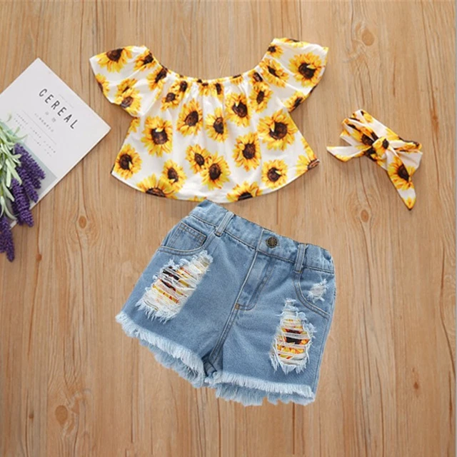 Toddler Girls Clothes Off Shoulder Jeans Baby Crop Tops Denim Shorts Outfits